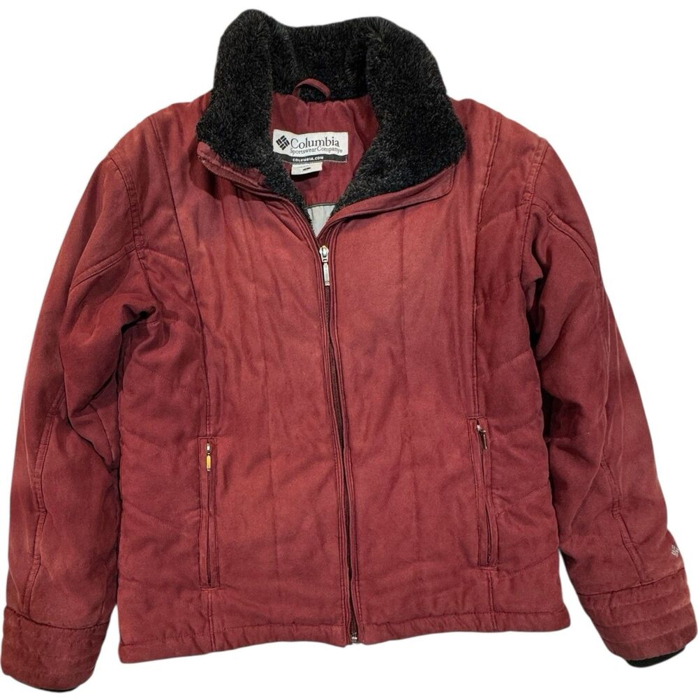 Columbia Women's XL Red‎ Maroon Faux Suede Puffer Faux Fur Trim Zip Jacket Coat